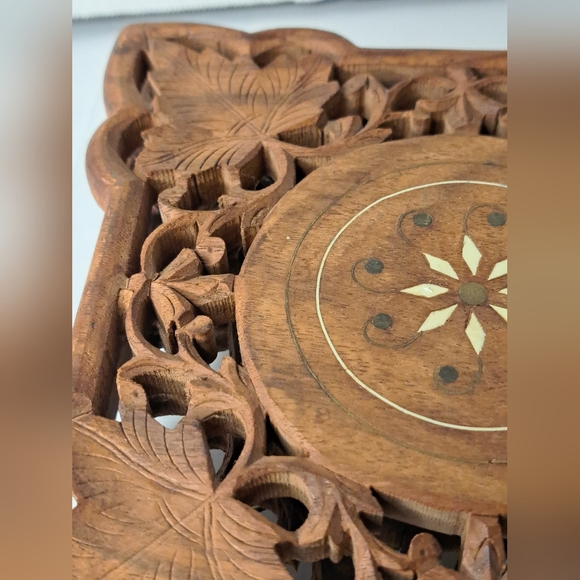 Vintage Footed Wooden Trivet Hot Plate hand  Carved Inlaid Made in India - Picture 5 of 11